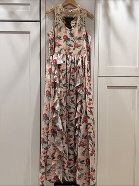 Joyfolie Cream Maxi Dress with Pink Floral Print and Crochet Yoke